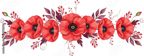 Elegant horizontal floral arrangement featuring vibrant red poppies with deep plum leaves and red berry sprays on white background vector illustration.