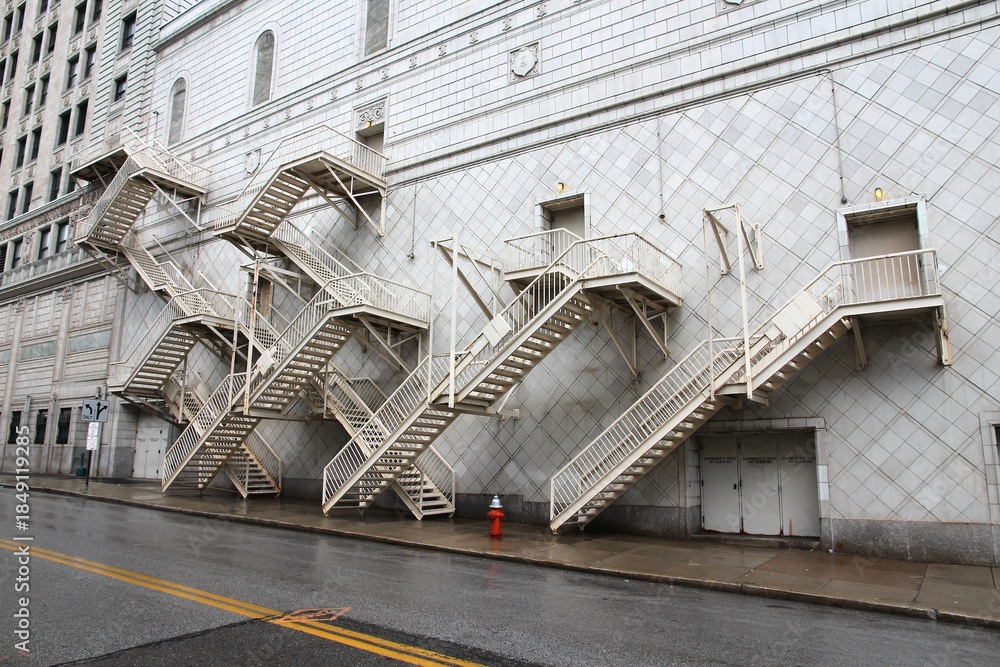 Obraz premium Fire escape stairs in a public building. Cleveland, Ohio in the United States.