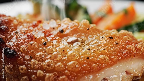 A mouthwatering closeup shot of perfectly cooked crispy pork skin glistening with rendered fat and seasoned with coarse sea salt and freshly ground black pepper showcasing its irresistible goldenbrow.