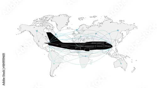 Global network connections with an airplane flying over a world map, symbolizing international travel and business.