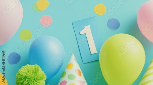 Wallpaper Mural A colorful birthday setup featuring balloons, confetti, and a "1" sign, perfect for a first birthday celebration. Torontodigital.ca