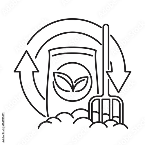 Organic fertilizer icon with pitchfork in thin line