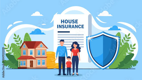 A vibrant vector illustration representing home security features a family standing before a large insurance document, flanked by their house, stacks of gold coins, and a protective blue shield