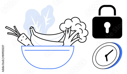Nutrition, security, time management, healthy lifestyle, food safety, meal planning. Bowl of fruits and vegetables next to a lock and clock. Nutrition and security