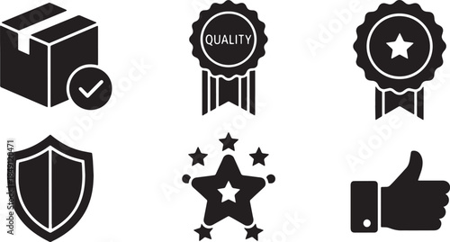 Black Solid Quality Guarantee and Assurance Silhouettes Set of Six on White Background