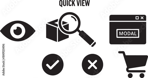 Black Solid Quick View Shop Features Icon Silhouettes Set of Six on White Background