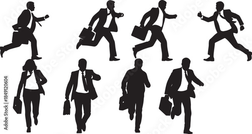 Black Solid Running Late Rushing Silhouettes Set of Six on White Background