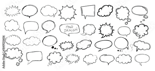 Hand Drawn Speech Bubble Set, Doodle Comic Chat Bubbles, Sketch Thought Clouds, Cartoon Dialogue Balloons, Vector Illustration for Comic, Social Media, Sticker and Design