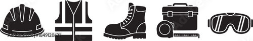 Black Solid Construction Safety PPE Essential Gear Silhouettes Set of Six