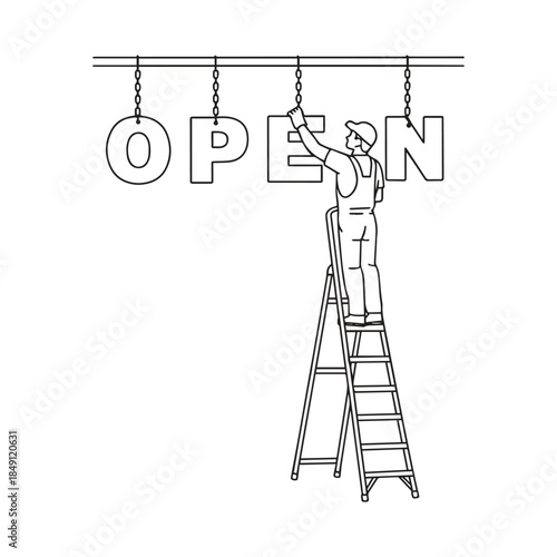 A vector sketch illustration of an advertising worker climbing a ladder to install an OPEN sign to indicate that a place is now open