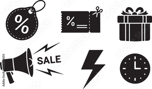 Black Solid Sales and Promotion Icon Silhouettes Set of Six on White Background