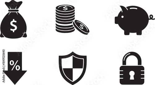 Black Solid Savings and Budget Control Silhouettes Set of Six on White Background