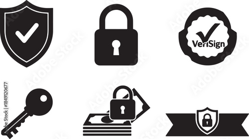 Black Solid Secure Transaction Badge Silhouettes Set of Six on White Background