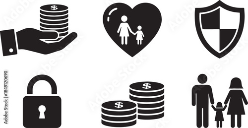 Black Solid Secure Family Online Purchasing Silhouettes Set of Six on White Background