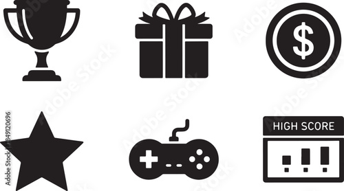 Black Solid Shopping Incentives and Gamification Silhouettes Set of Six on White Background