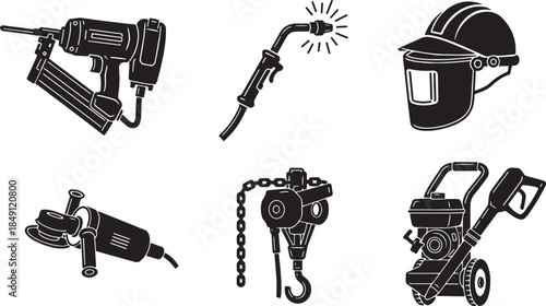 Black Solid Construction Specialized Equipment Silhouettes Set of Six on White