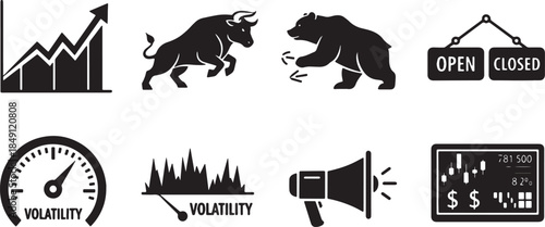 Black Solid Stock Market Volatility Icon Silhouettes Set of Six on White Background