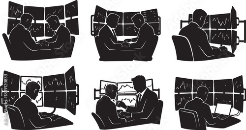 Black Solid Stock Trader Broker Silhouettes Set of Six on White Background