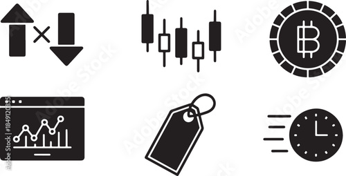 Black Solid Stock Trading Crypto Icon Silhouettes Set of Six on White Background