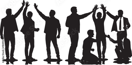 Black Solid Success Celebration Silhouettes Set of Six on White Background