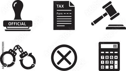 Black Solid Tax Regulation Legal Icon Silhouettes Set of Six on White Background