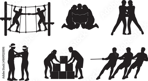 Black Solid Team Building Outdoor Silhouettes Set of Six on White Background