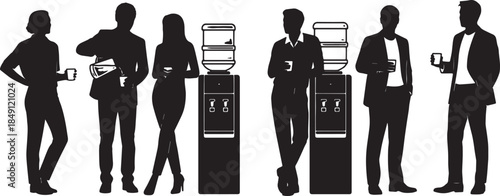 Black Solid Water Cooler Chat Break Silhouettes Set of Six on White Background