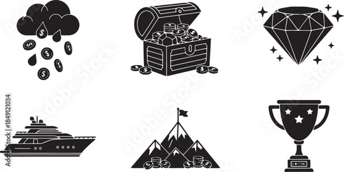 Black Solid Wealth Abundance Luxury Icon Silhouettes Set of Six on White Background