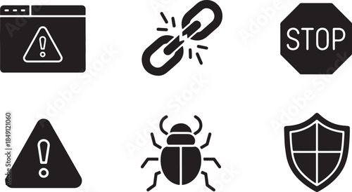 Black Solid Website Errors and Security Issues Silhouettes Set of Six on White Background