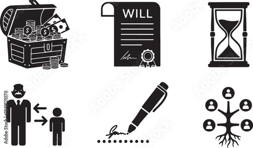 Black Solid Wealth Transfer Inheritance Silhouettes Set of Six on White Background