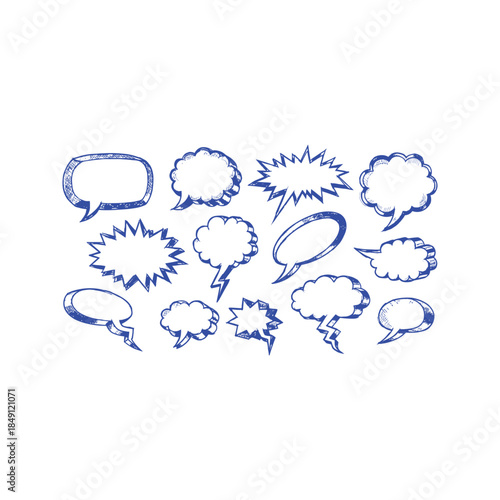 Collection of blue comic book style speech bubbles and thought clouds