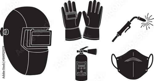 Black Solid Construction Welding Safety Gear Silhouettes Set of Six on White