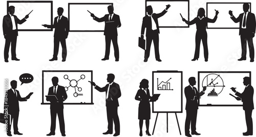 Black Solid Whiteboard Brainstorm Silhouettes Set of Six on White Background