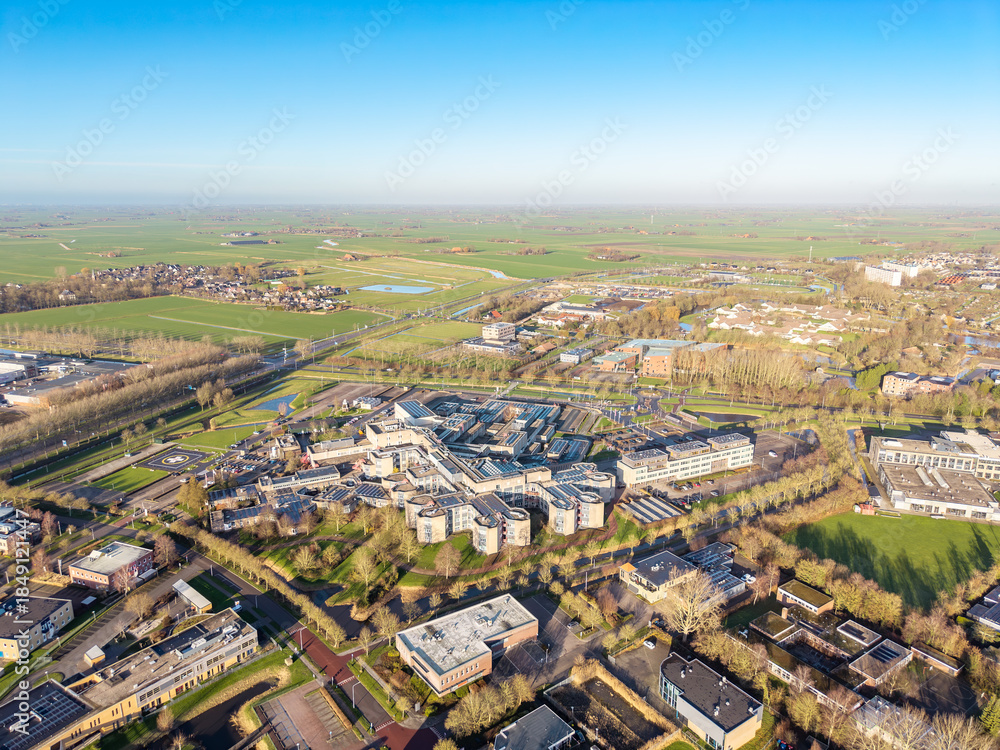 Obraz premium Aerial view of Antonius Hospital and helipad in Sneek Netherlands
