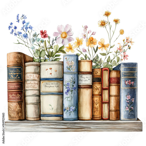 Vintage Books with Colorful Flowers on transparent background