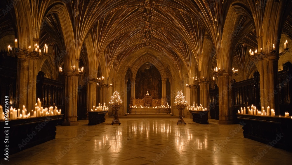 Obraz premium Long, ornate interior with vaulted ceiling, lit by countless candles and candelabras