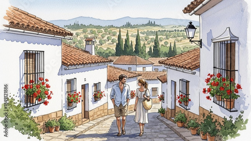 A charming couple strolling down a picturesque spanish village street with white buildings and terracotta roofs