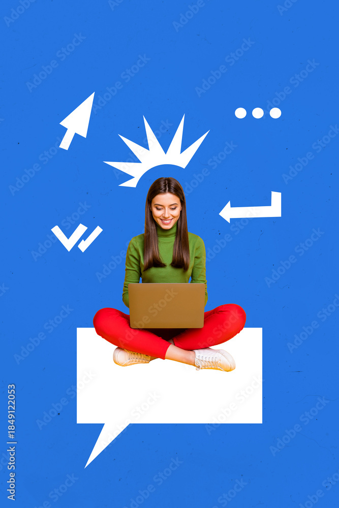 Naklejka premium Sketch template design 3D collage composite of young lady sit down huge speech cloud type laptop message speech quote communication chat