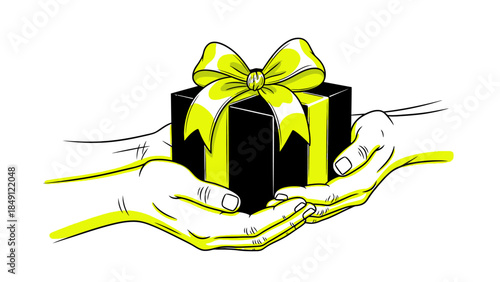 Hands gently presenting a beautifully wrapped gift box with a yellow bow