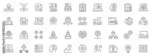 Crm icons set: editable line icons for customer management, outline interface tools