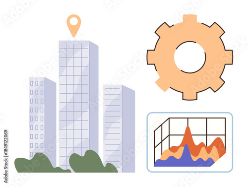 Modern skyscrapers, line chart showing fluctuating data trend, orange gear icon highlighting innovation. Ideal for business strategy, industrial planning, urban development, technology, growth