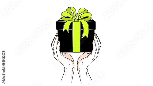 Hands holding a beautifully wrapped black gift box with green ribbon