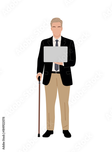 A middle aged man in business attire holding a laptop and wooden cane, standing formally.  Flat vector illustration isolated on transparent background.

