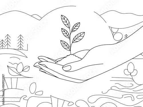 Environmental conservation line illustration showing caring hands holding young plant symbolizing sustainability growth responsibility and ecological balance future