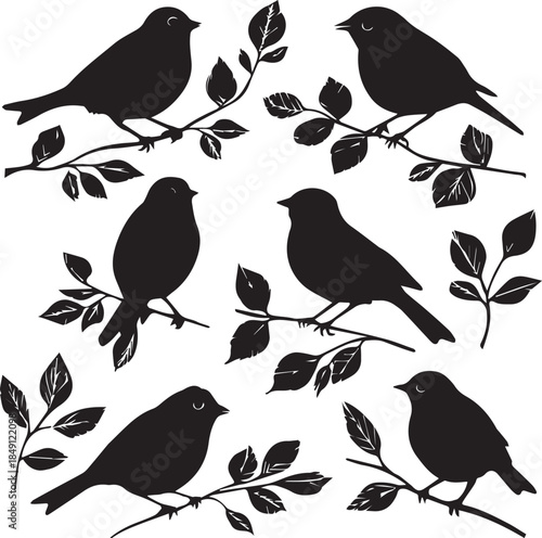 Black bird silhouette nature wildlife vector on bare tree branch sitting birds set