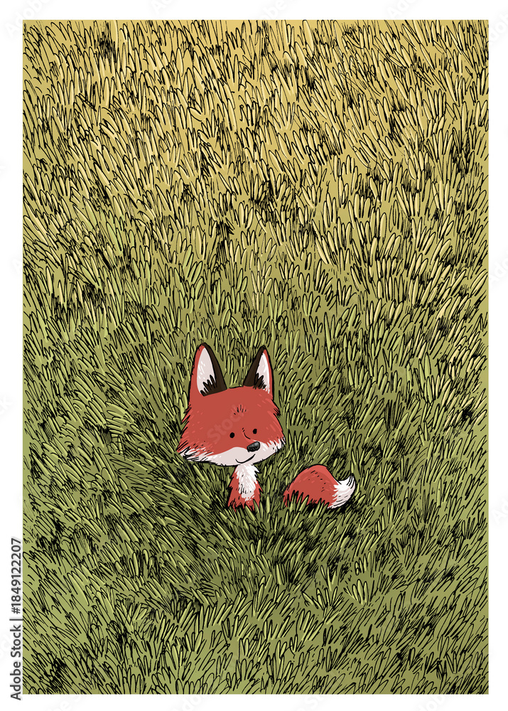Naklejka premium Small red fox among the grass