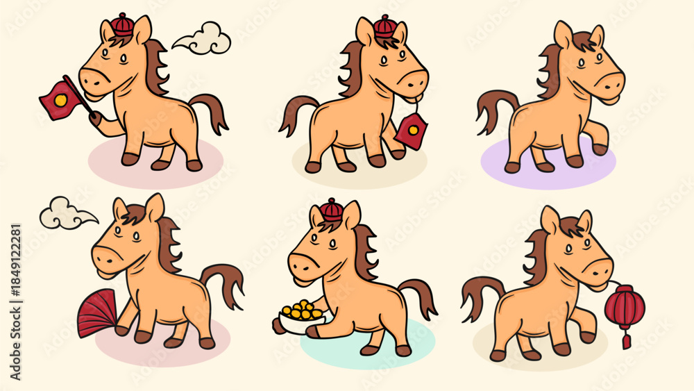 Fototapeta premium Cute Horse Cartoon Animal Chinese New Year Colorful Design.Vector Illustration
