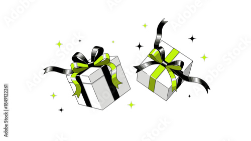 Joyful gifts floating in air with sparkles and ribbons