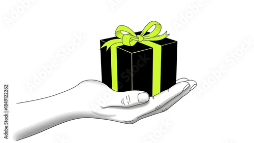 Hand holding a beautifully wrapped black gift box with green ribbon