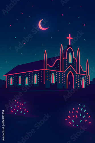 Retro mid-century Christmas church illustration with festive lights at night - Futuristic neon